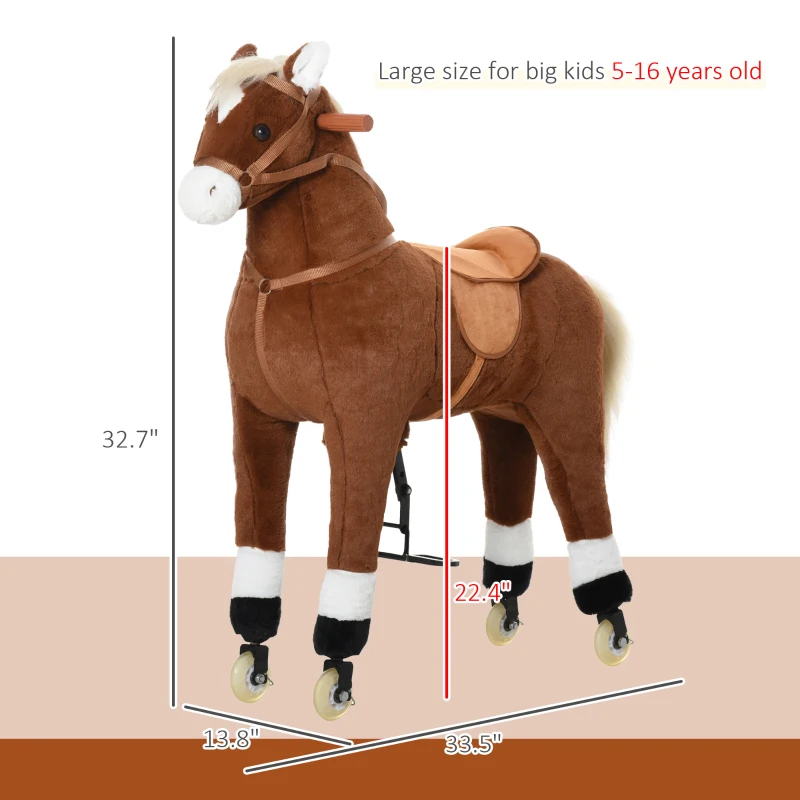 Qaba Kids Ride-on Walking Horse with Easy Rolling Wheels, Soft Huggable Body, & a Large Size for Kids 5-16 Years