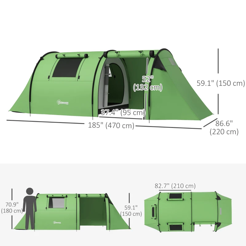 Outsunny 3-4 Person Camping Tent with 2 Rooms, 3000mm Waterproof Portable Family Tent with Carry Bag, Dark Green