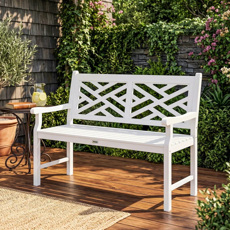 Outsunny Outdoor Garden Bench, Wooden Frame Patio Bench with Geometric Pattern, 43.25 Inch Weatherproof 2-Person Love Seat for Garden, Lawn, Porch, Yard, Work Entryway, White