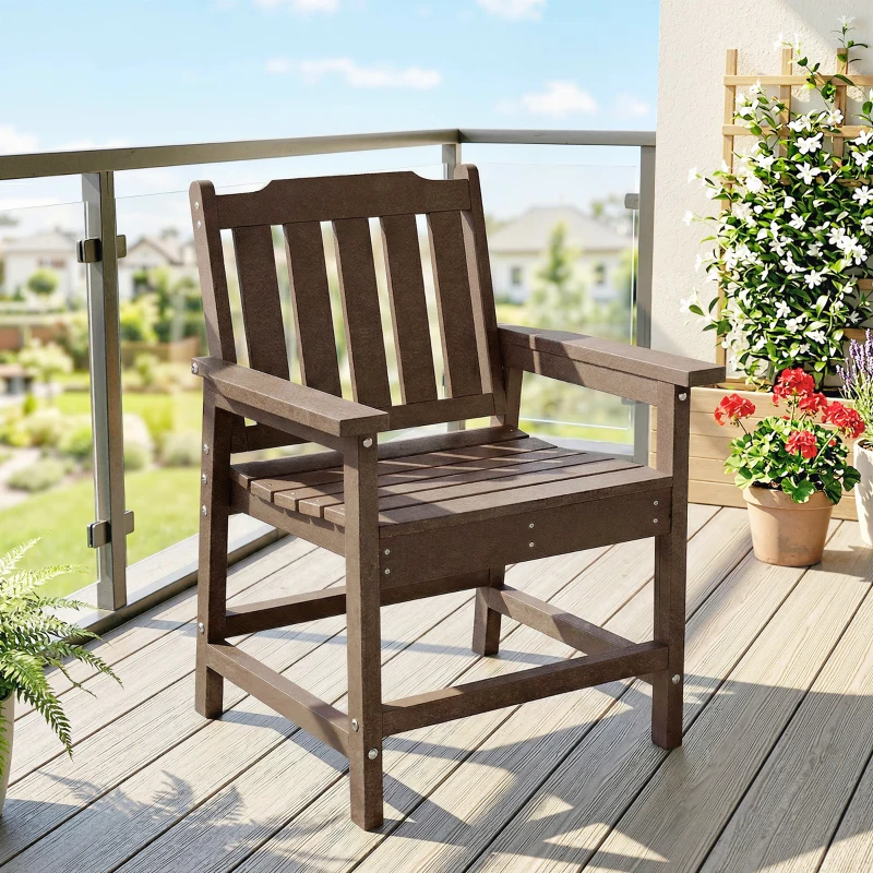 Outsunny All-Weather Patio Chair, HDPE Patio Dining Chair, Heavy Duty Wood-Like Outdoor Furniture for Garden, Backyard, Deck, Porch, Lawn, Brown