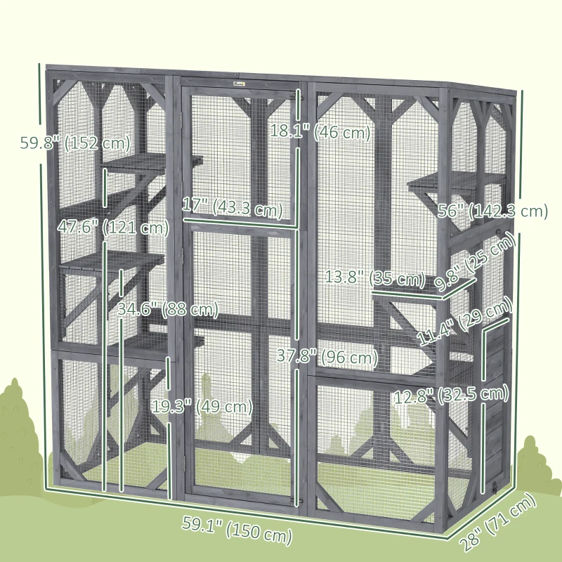 PawHut Outdoor Cat Enclosure with 6 Jumping Platforms, Weatherproof Roof, Large Front Door for 1-3 Cats, 59" x 28" x 60", Grey
