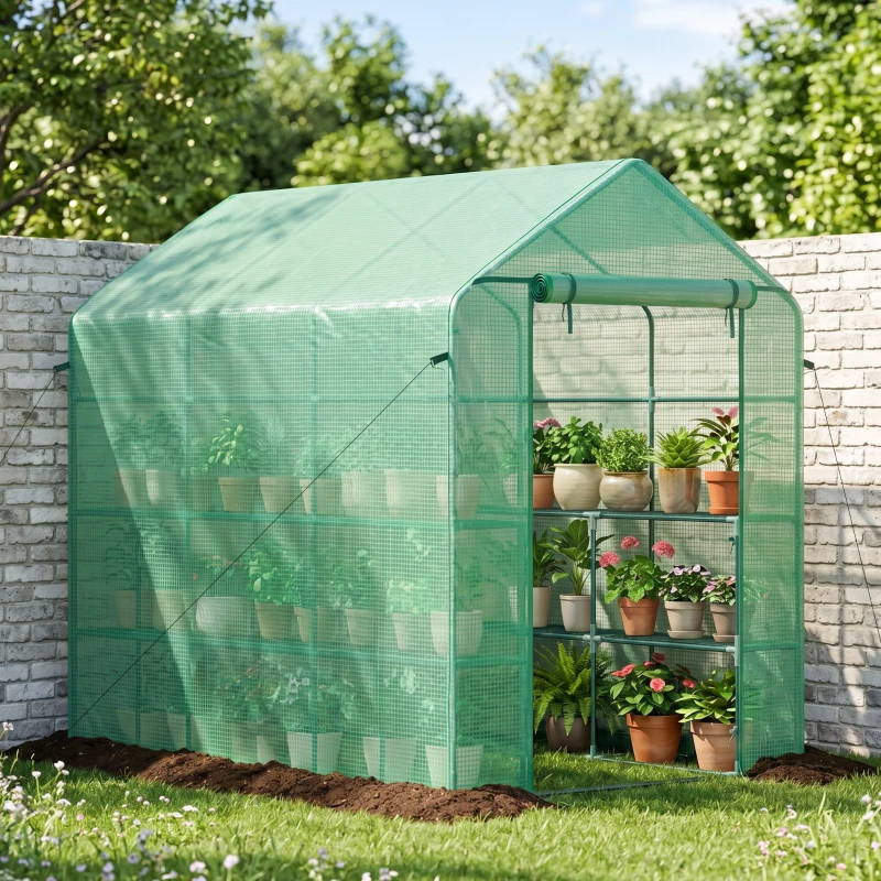 Outsunny 7' x 5' x 6' Walk-in Greenhouse for Outdoors with Mesh Door, 18 Shelf Hot House with Trellis, Plant Labels, UV Protective, Steel Frame for Growing Flowers, Herbs, Vegetables, Saplings, Green