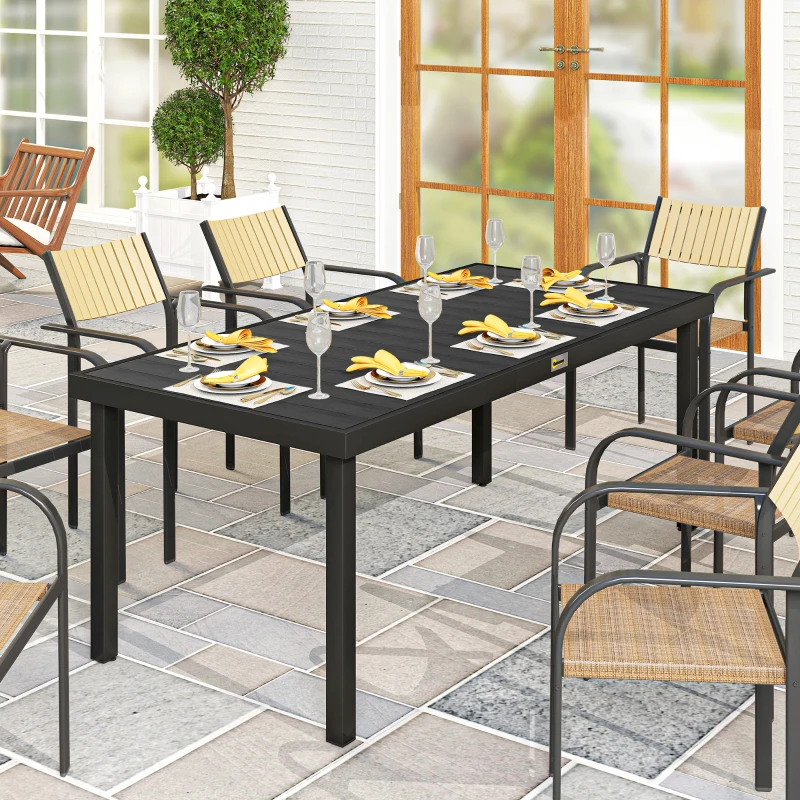 Outsunny 75" x 35" Outdoor Dining Table for 8 People, Rectangular Aluminum Frame Garden Table with All-Weather Faux Wood Top for Lawn, Patio, Black