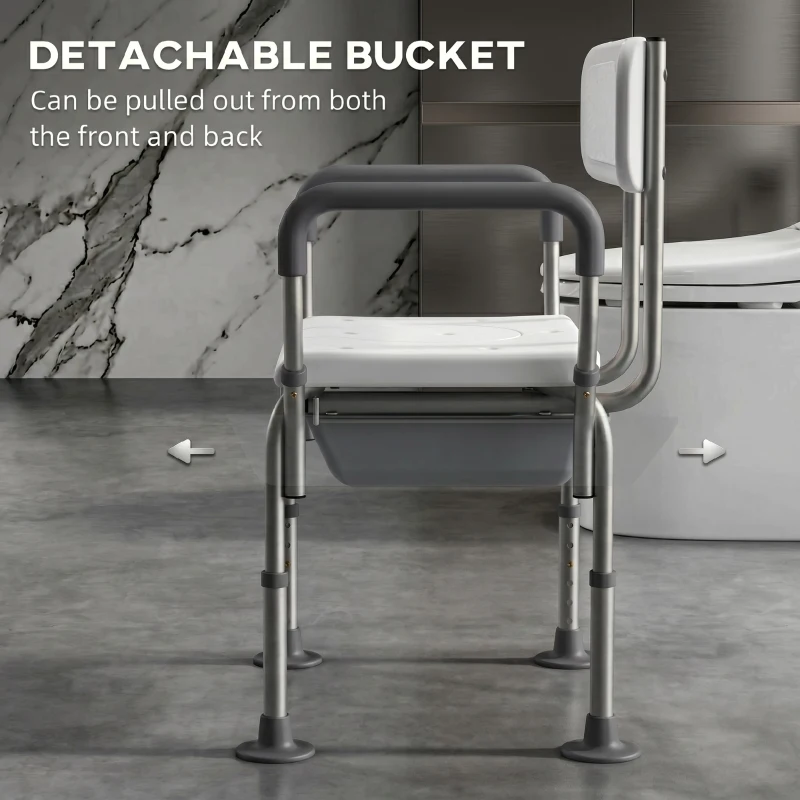 HOMCOM 3-in-1 Shower Chair with Back and Arms, Height Adjustable Bedside Commode, Raised Toilet Seat with Non-Slip Rubber Foot Pad for Seniors, Disabled, White