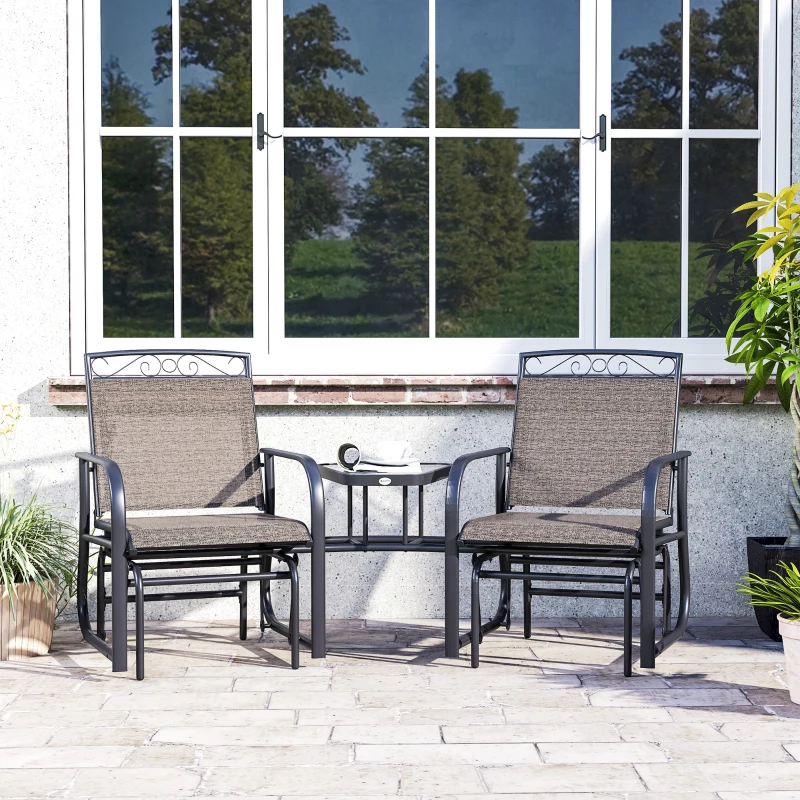 Outsunny Outdoor Glider Chairs with Coffee Table, Patio 2-Seat Rocking Chair Swing with Breathable Sling for Backyard, Garden and Porch, Brown