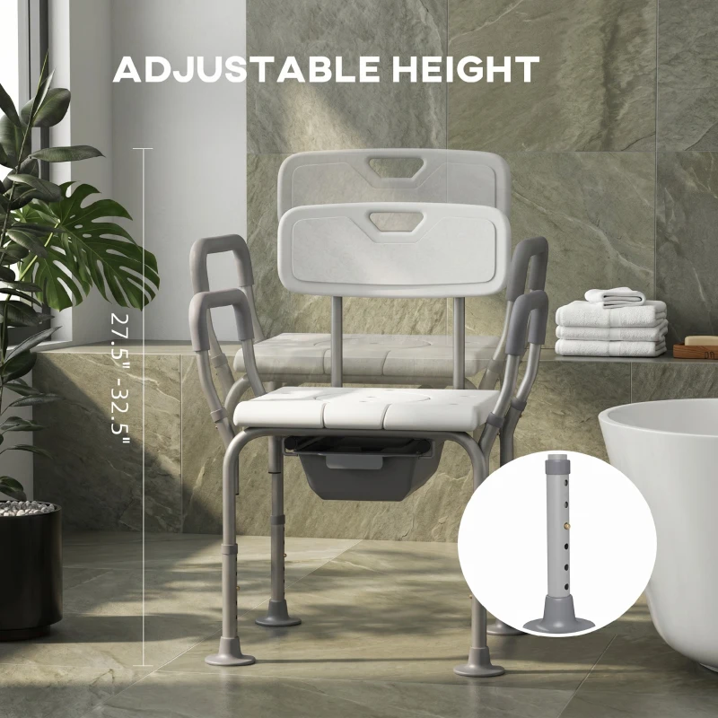 HOMCOM 3-in-1 Shower Chair with Back and Arms, Height Adjustable Bedside Commode, Raised Toilet Seat with Non-Slip Rubber Foot Pad for Seniors, Disabled, White