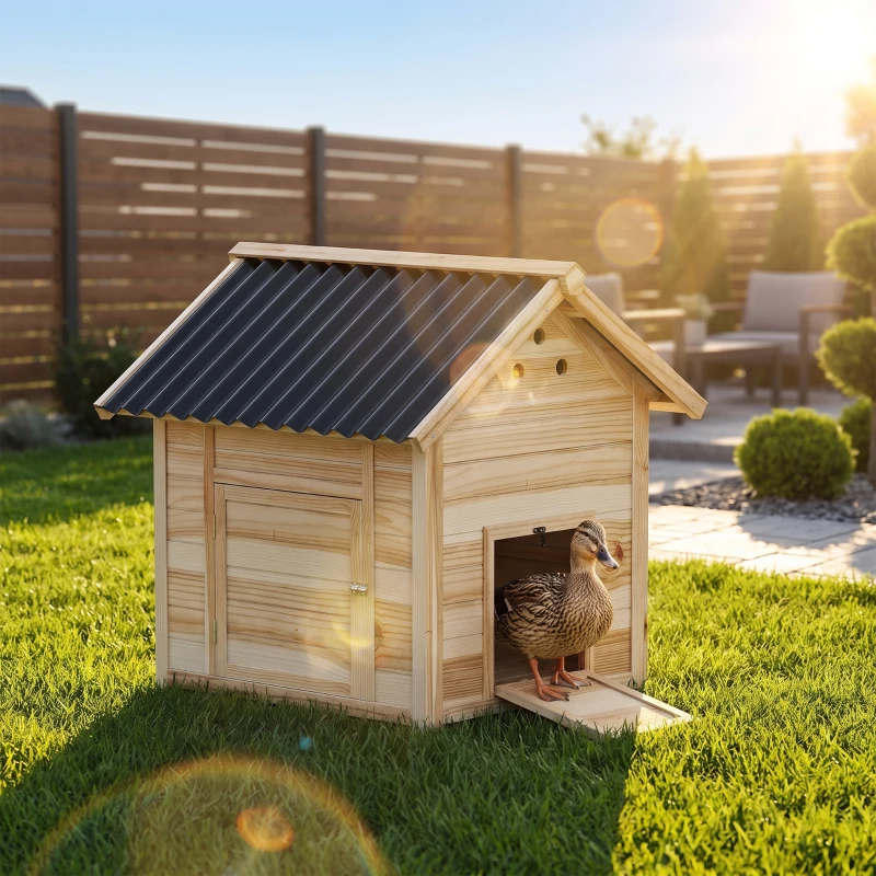 PawHut Duck Coop, Wooden Duck House with Openable Roof & Double Doors, Natural Wood
