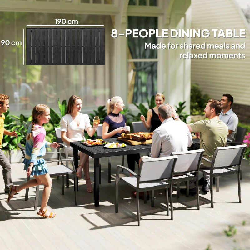 Outsunny 75" x 35" Outdoor Dining Table for 8 People, Rectangular Aluminum Frame Garden Table with All-Weather Faux Wood Top for Lawn, Patio, Black