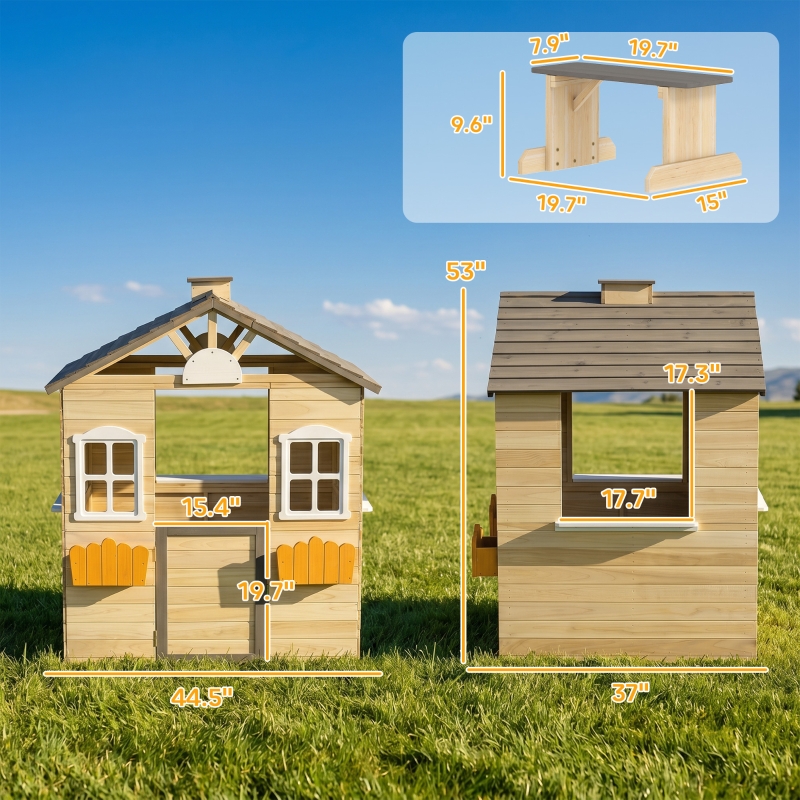 Outsunny Outdoor Playhouse, Wooden Kids Playhouse with Working Door, Windows, Bench, Service Station, Flower Pot Holder, Cottage Play House for 3-7 Years Old Pretend Play, Natural