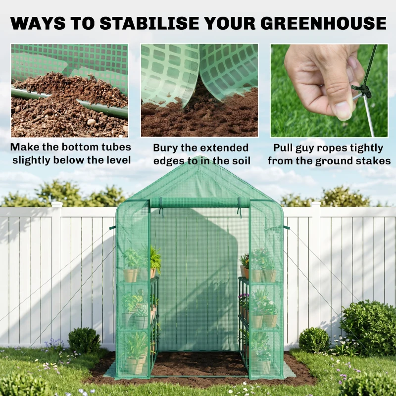 Outsunny 7' x 5' x 6' Walk-in Greenhouse for Outdoors with Mesh Door, 18 Shelf Hot House with Trellis, Plant Labels, UV Protective, Steel Frame for Growing Flowers, Herbs, Vegetables, Saplings, Green