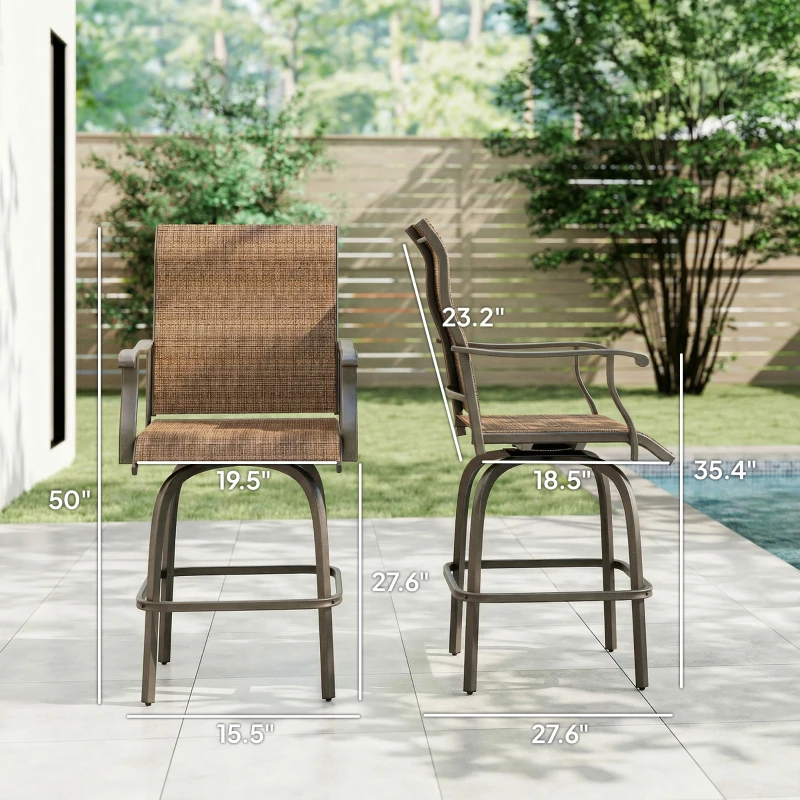 Outsunny Set of 2 Outdoor Swivel Bar Stools with Armrests, Bar Height Patio Chairs with Steel Frame for Balcony, Poolside, Backyard, Brown