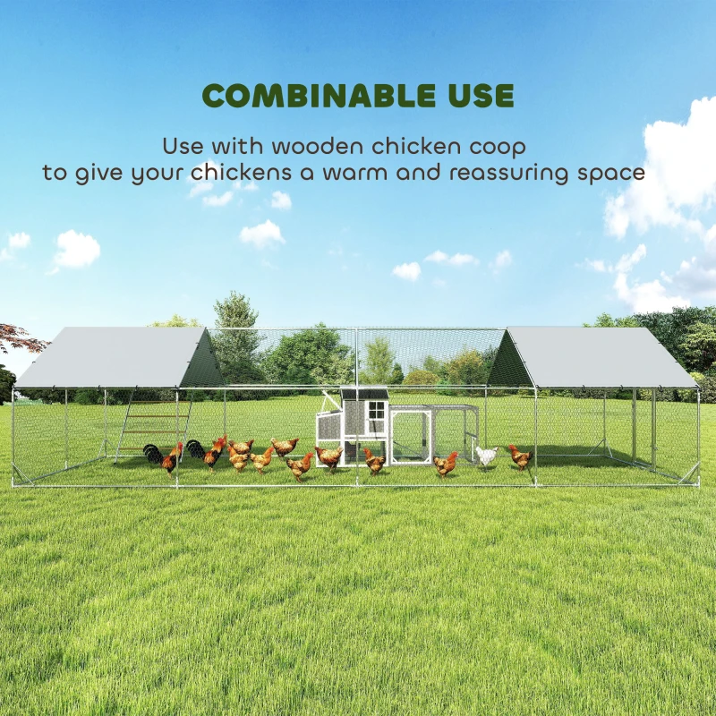 PawHut Large Metal Chicken Run with Waterproof & UV-Resistant Cover, Feeding Door, Hanging Feeder, Perch, for 24-30 Chickens