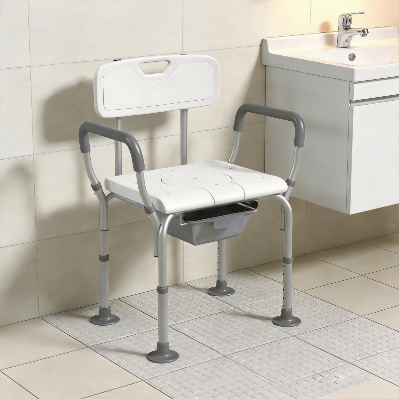 HOMCOM 3-in-1 Shower Chair with Back and Arms, Height Adjustable Bedside Commode, Raised Toilet Seat with Non-Slip Rubber Foot Pad for Seniors, Disabled, White