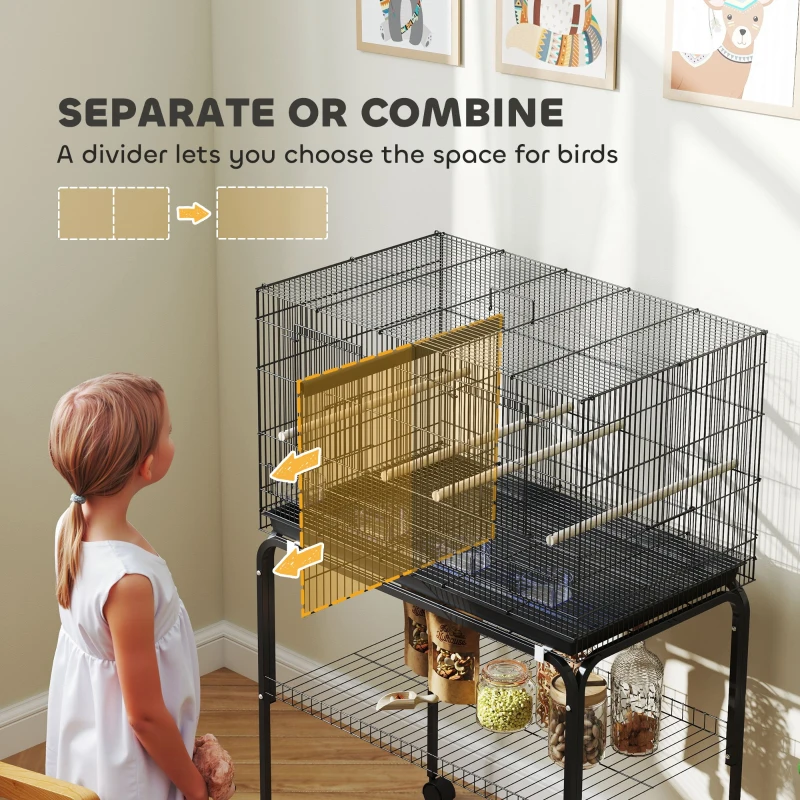 PawHut 46" H Bird Cage, Large Parakeet Cage for Budgie, Lovebird, Canary, Finches with Divider, Black
