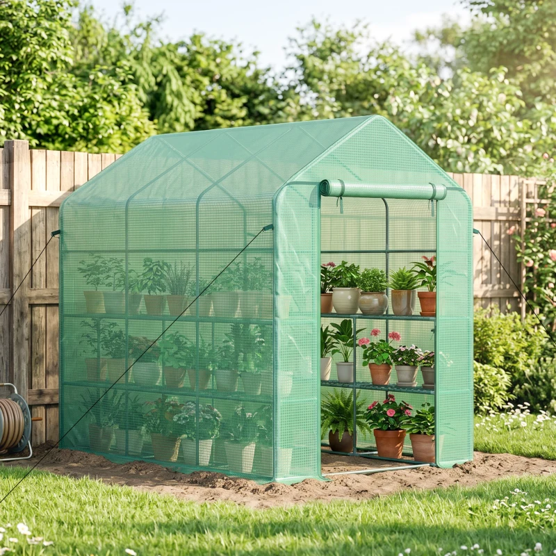 Outsunny 7' x 5' x 6' Walk-in Greenhouse for Outdoors with Mesh Door, 18 Shelf Hot House with Trellis, Plant Labels, UV Protective, Steel Frame for Growing Flowers, Herbs, Vegetables, Saplings, Green