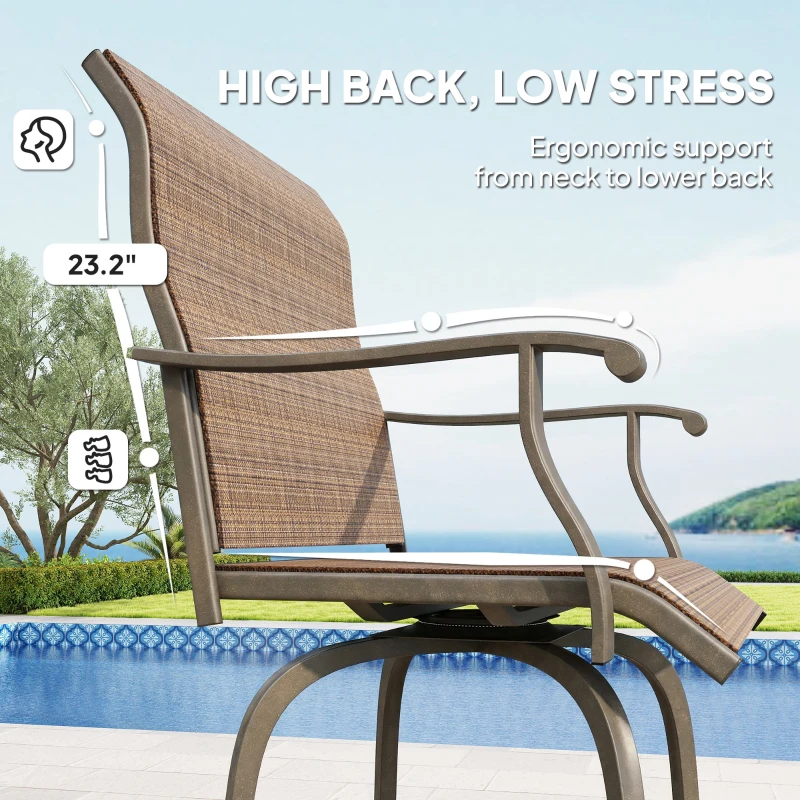 Outsunny Set of 2 Outdoor Swivel Bar Stools with Armrests, Bar Height Patio Chairs with Steel Frame for Balcony, Poolside, Backyard, Brown