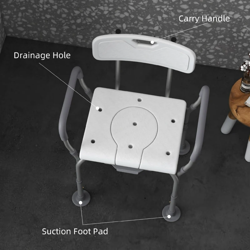 HOMCOM 3-in-1 Shower Chair with Back and Arms, Height Adjustable Bedside Commode, Raised Toilet Seat with Non-Slip Rubber Foot Pad for Seniors, Disabled, White