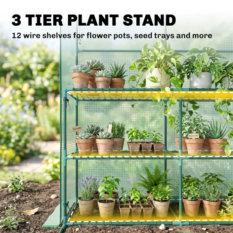 Outsunny 7' x 5' x 6' Walk-in Greenhouse for Outdoors with Mesh Door, 18 Shelf Hot House with Trellis, Plant Labels, UV Protective, Steel Frame for Growing Flowers, Herbs, Vegetables, Saplings, Green