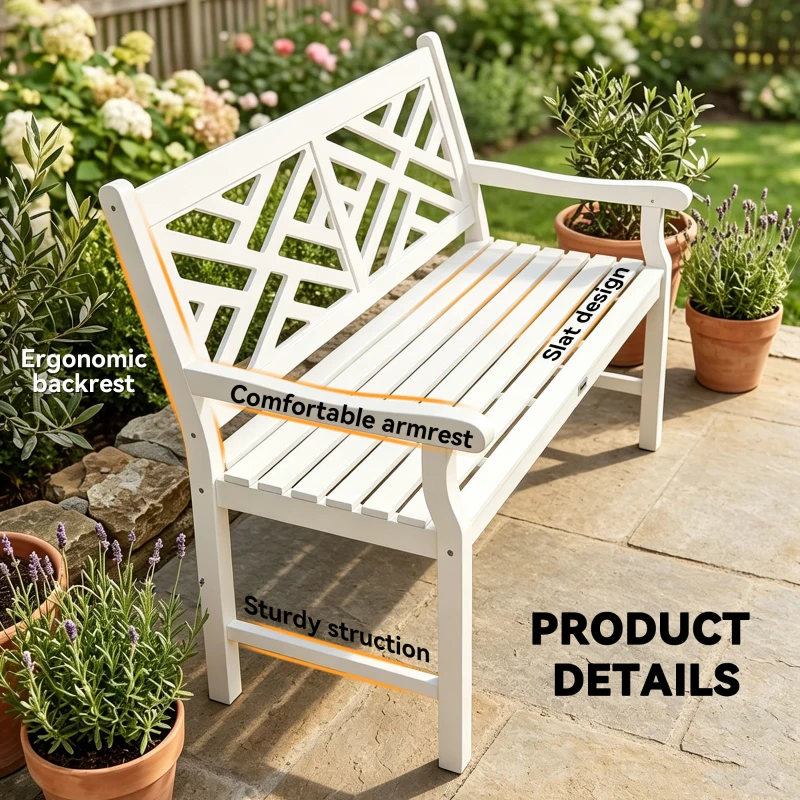 Outsunny Outdoor Garden Bench, Wooden Frame Patio Bench with Geometric Pattern, 43.25 Inch Weatherproof 2-Person Love Seat for Garden, Lawn, Porch, Yard, Work Entryway, White