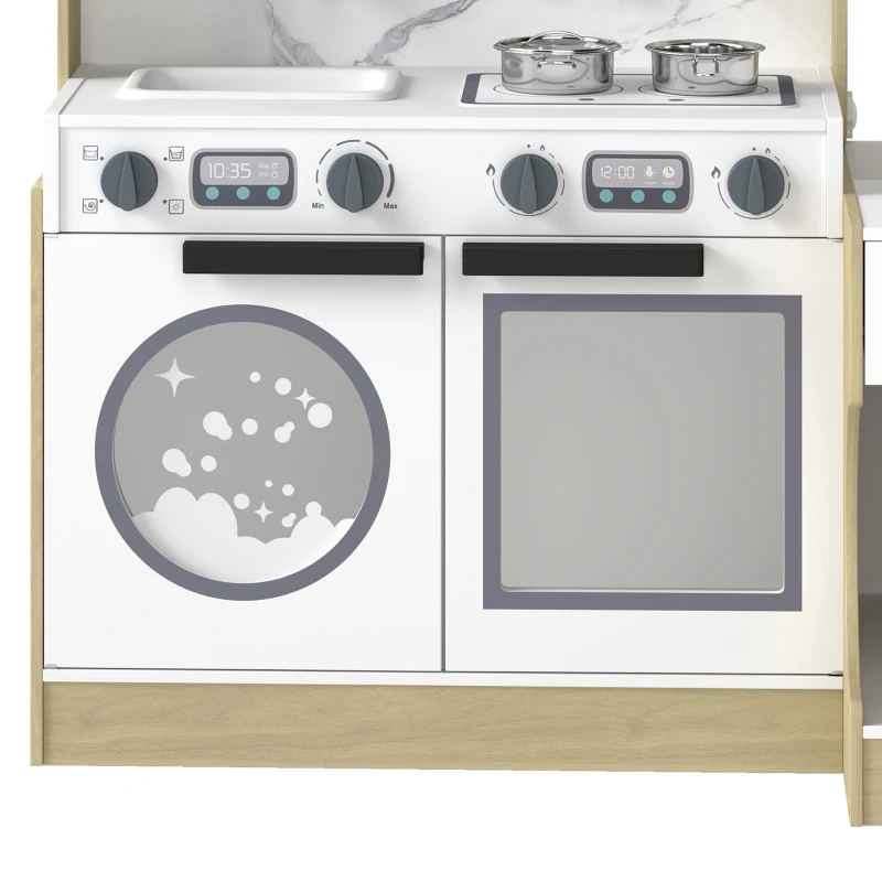 Qaba Kids Kitchen Playset, 2-in-1 Convertible Table and Chair Set with Sink, Oven, Microwave, Accessories for 3-8