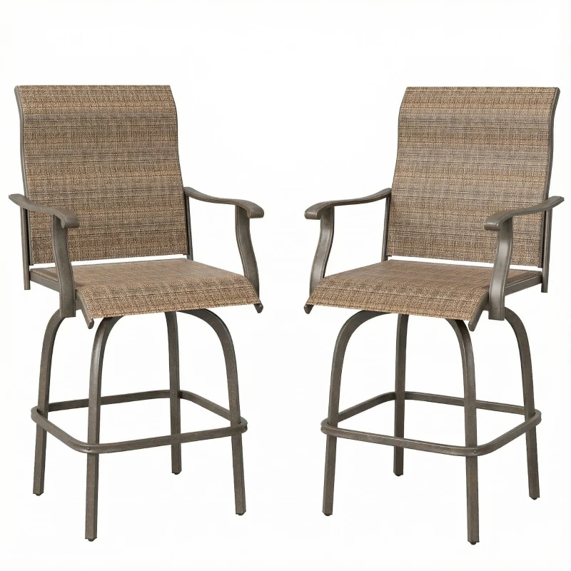 Outsunny Set of 2 Outdoor Swivel Bar Stools with Armrests, Bar Height Patio Chairs with Steel Frame for Balcony, Poolside, Backyard, Brown