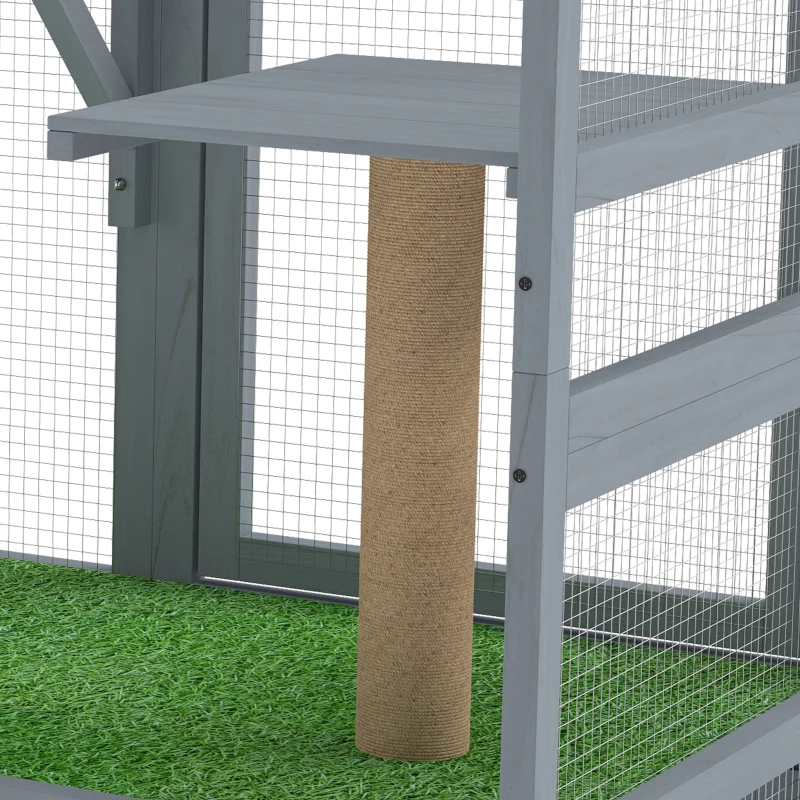 PawHut Catio Outdoor Cat Enclosure, 77" H Wooden Cat House with Weatherproof Roof, Platforms and Scratching Post