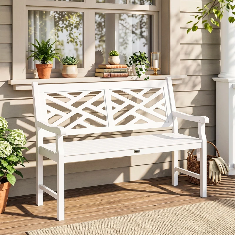 Outsunny Outdoor Garden Bench, Wooden Frame Patio Bench with Geometric Pattern, 43.25 Inch Weatherproof 2-Person Love Seat for Garden, Lawn, Porch, Yard, Work Entryway, White