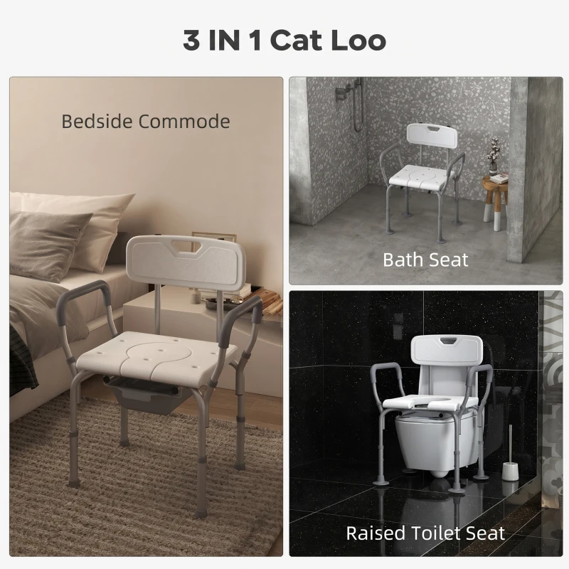 HOMCOM 3-in-1 Shower Chair with Back and Arms, Height Adjustable Bedside Commode, Raised Toilet Seat with Non-Slip Rubber Foot Pad for Seniors, Disabled, White
