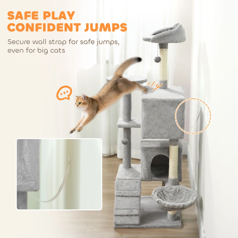 PawHut 63 Inch Cat Tree with Sisal Scratching Posts, Condos, Plush Perches, Hammock, Ladder, Dangling Balls, Light Grey