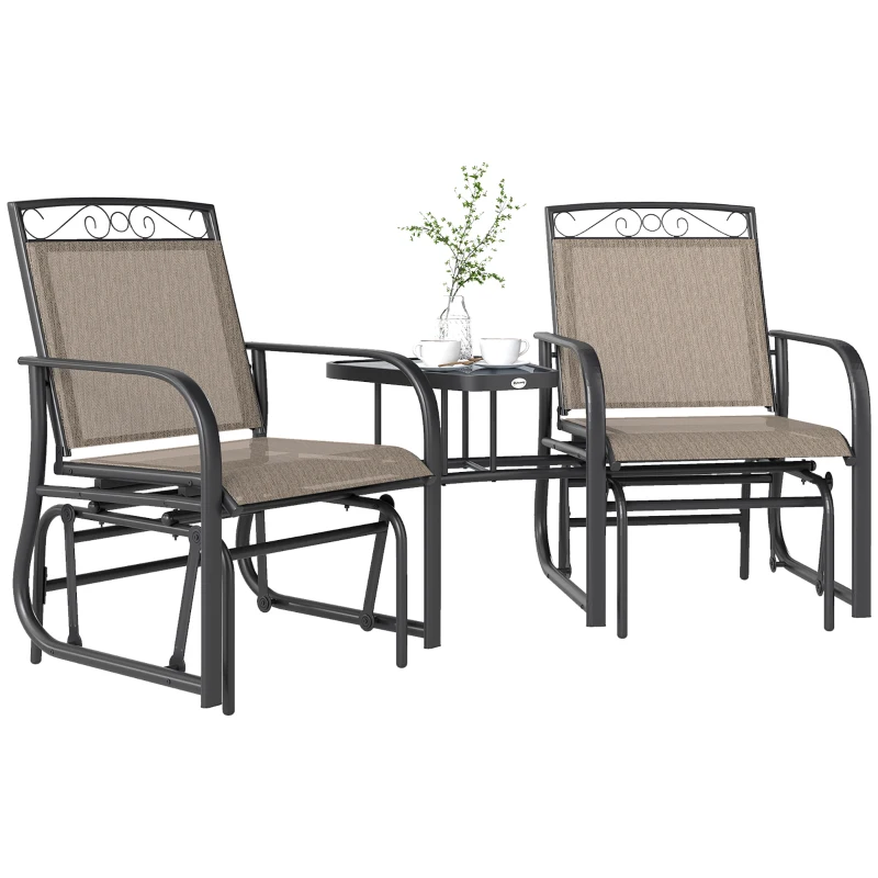 Outsunny Outdoor Glider Chairs with Coffee Table, Patio 2-Seat Rocking Chair Swing with Breathable Sling for Backyard, Garden and Porch, Brown