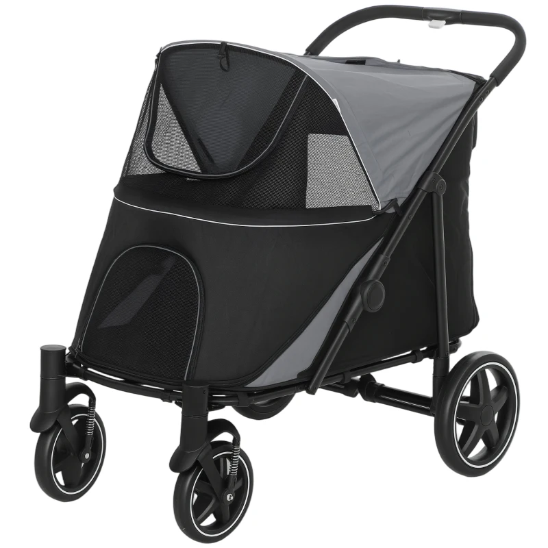 PawHut Dog Stroller for Large Medium Small Dogs up to 66 Lbs. 23.5" in Body Length, One-Click Foldable Pet Cat Stroller with Storage, Shock Absorption Wheels, Mesh Window, Safety Leash, Gray