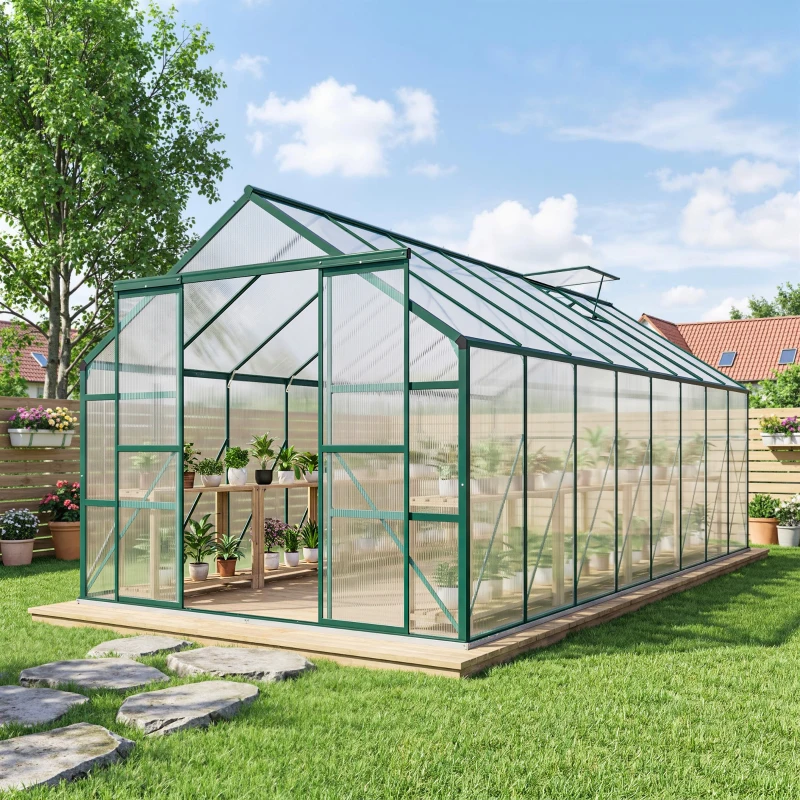 Outsunny 16' x 8' Aluminum Greenhouse Polycarbonate Walk-in Garden Greenhouse Kit with Adjustable Roof Vent, Rain Gutter and Sliding Door for Winter, Clear