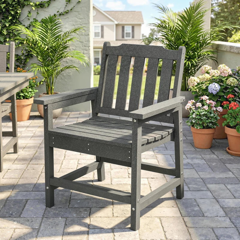 Outsunny All-Weather Patio Chair, HDPE Patio Dining Chair, Heavy Duty Wood-Like Outdoor Furniture for Garden, Backyard, Deck, Porch, Lawn, Gray