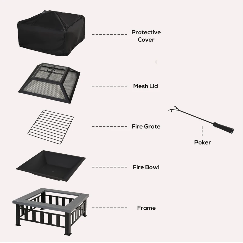 Outsunny 34" Outdoor Fire Pit Square Steel Wood Burning Firepit Bowl with Spark Screen, Waterproof Cover, Log Grate, Poker for Backyard, Camping, BBQ, Bonfire