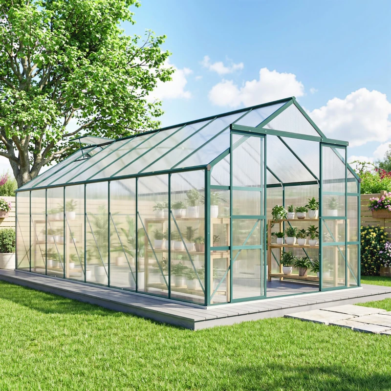 Outsunny 16' x 8' Aluminum Greenhouse Polycarbonate Walk-in Garden Greenhouse Kit with Adjustable Roof Vent, Rain Gutter and Sliding Door for Winter, Clear