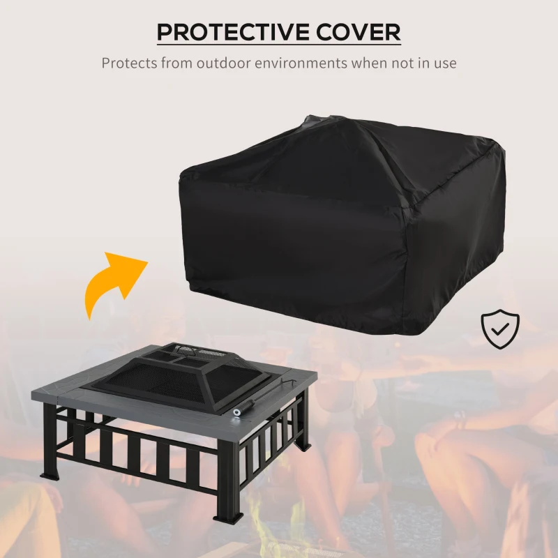 Outsunny 34" Outdoor Fire Pit Square Steel Wood Burning Firepit Bowl with Spark Screen, Waterproof Cover, Log Grate, Poker for Backyard, Camping, BBQ, Bonfire