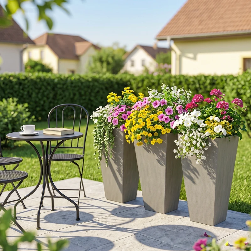 Outsunny Tall Planters for Outdoor Plants Set of 3, 28 In Taper Planters with Drainage Holes, Indoor Grande Plant Pots, Front Porch Decor, Grey