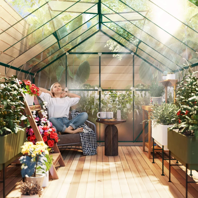 Outsunny 16' x 8' Aluminum Greenhouse Polycarbonate Walk-in Garden Greenhouse Kit with Adjustable Roof Vent, Rain Gutter and Sliding Door for Winter, Clear