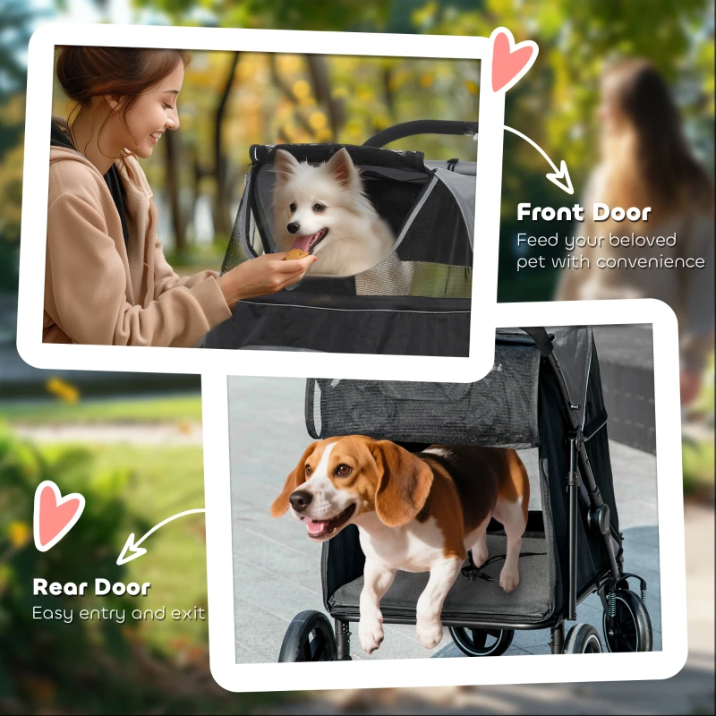 PawHut Dog Stroller for Large Medium Small Dogs up to 66 Lbs. 23.5" in Body Length, One-Click Foldable Pet Cat Stroller with Storage, Shock Absorption Wheels, Mesh Window, Safety Leash, Gray