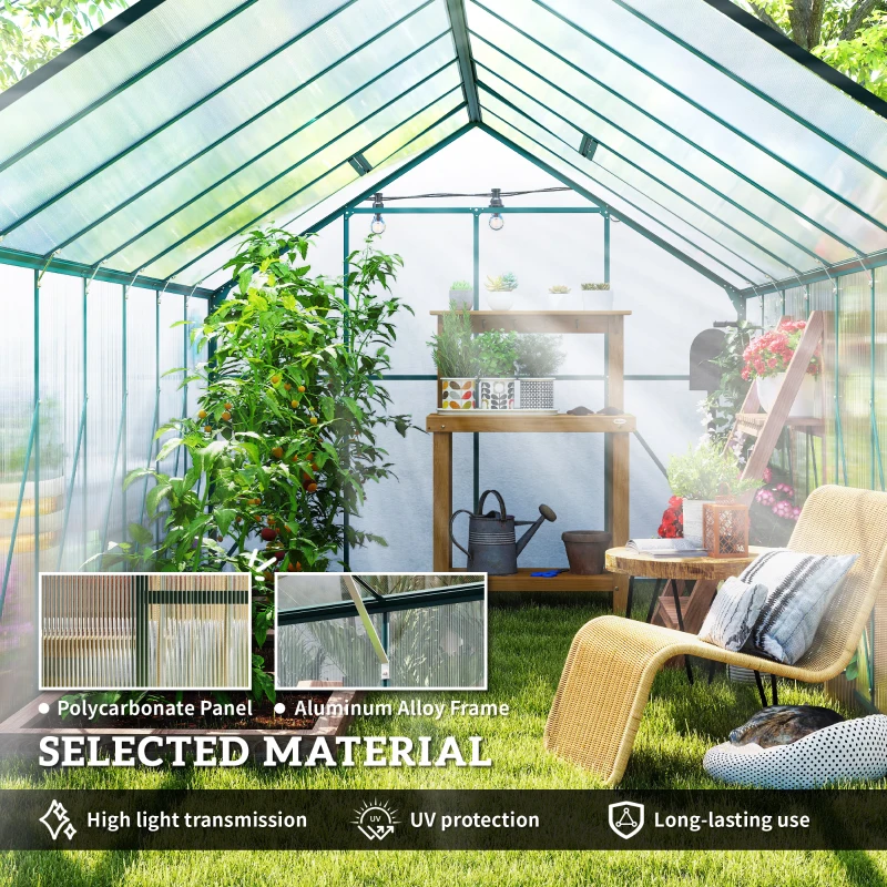 Outsunny 16' x 8' Aluminum Greenhouse Polycarbonate Walk-in Garden Greenhouse Kit with Adjustable Roof Vent, Rain Gutter and Sliding Door for Winter, Clear