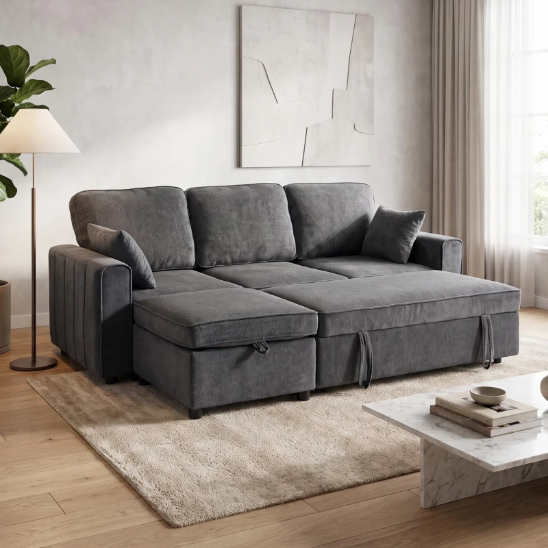 HOMCOM Modular Sectional Sofa Bed with Reversible Storage Ottoman, Pull Out Sleeper Sofa with Spring Cushion, Dark Grey