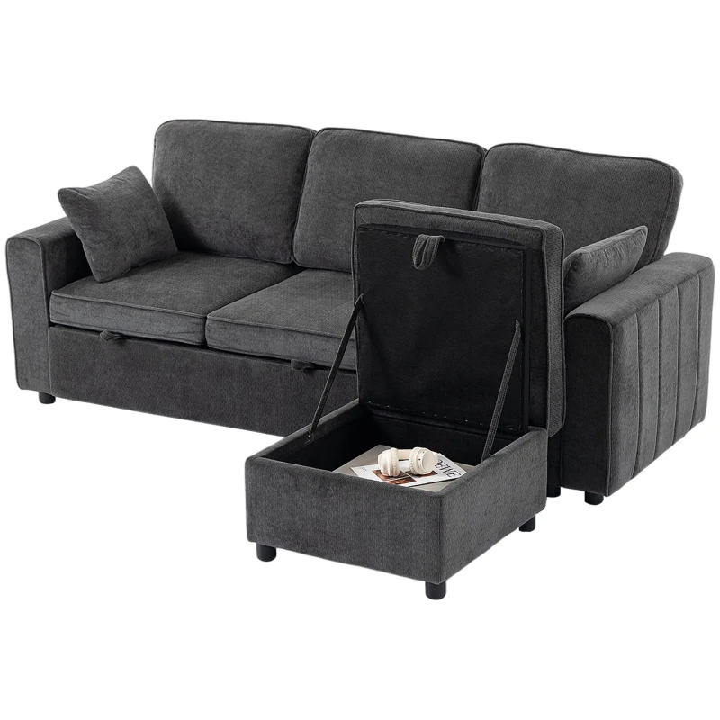 HOMCOM Modular Sectional Sofa Bed with Reversible Storage Ottoman, Pull Out Sleeper Sofa with Spring Cushion, Dark Grey