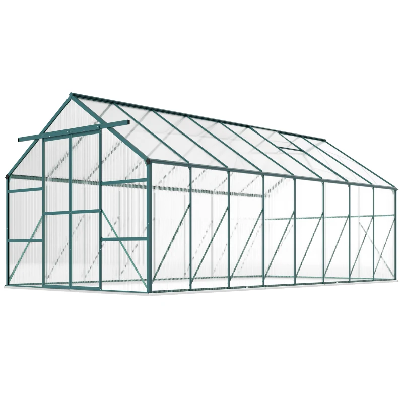Outsunny 16' x 8' Aluminum Greenhouse Polycarbonate Walk-in Garden Greenhouse Kit with Adjustable Roof Vent, Rain Gutter and Sliding Door for Winter, Clear