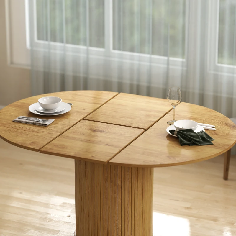 HOMCOM Extendable Kitchen Table for 6-8, 43.5"-59" Farmhouse Dining Table with Pedestal Base Natural Wood Finish