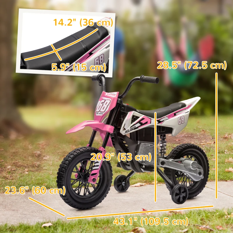 Qaba 12V Kids Dirt Bike, Electric Motorcycle with Twist Grip Throttle, Training Wheels, Rear Suspension & Music, Pink