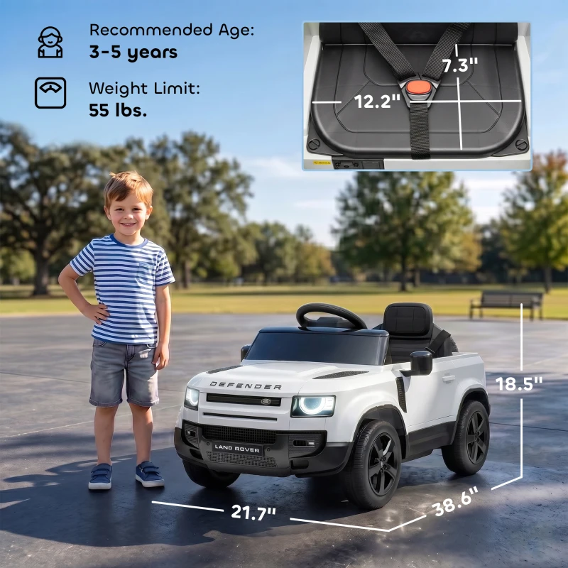 Qaba 12V Ride on Car Licensed Land Rover with Remote, Suspension, Slow Start, 3 Speeds, Lights, Music, Horn for 3-5, White