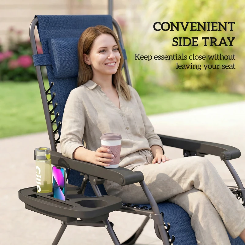 Outsunny Zero Gravity Chair Set of 2, Folding Reclining Outdoor Lounge Chair with Cup Holder, Headrest, Dark Blue