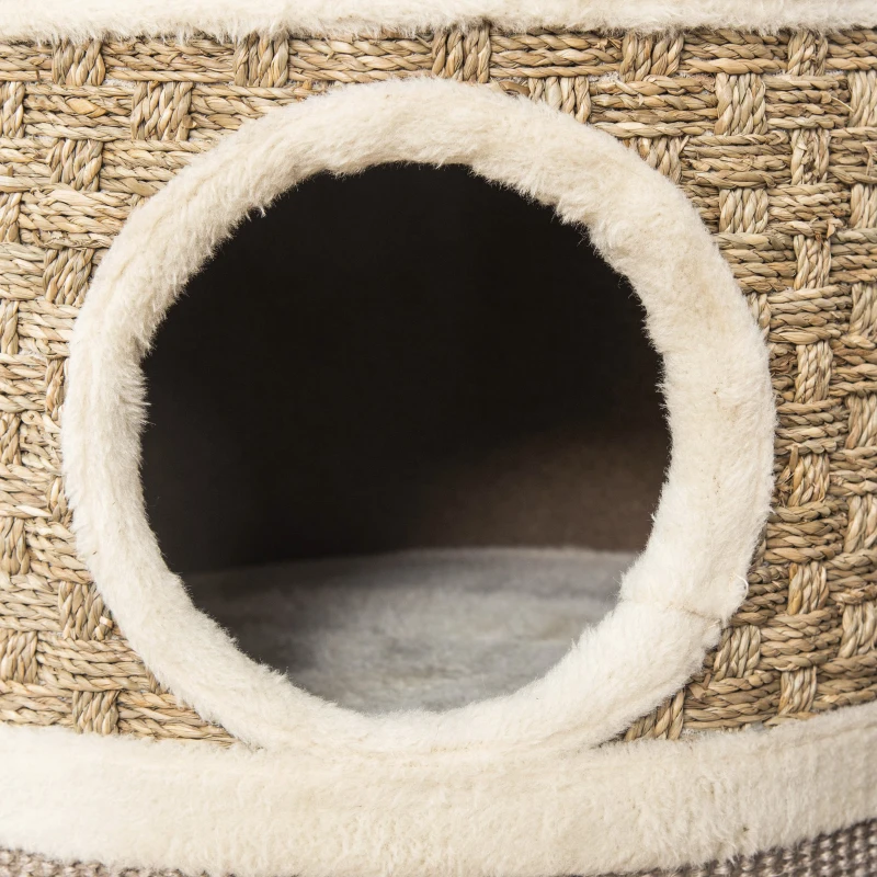 PawHut Cat Condo 3 Story Three Holes with Sisal Seaweed Scratching Cover Surface, Cat Tower for Indoor Cats, 15" x 28", Khaki and Brown