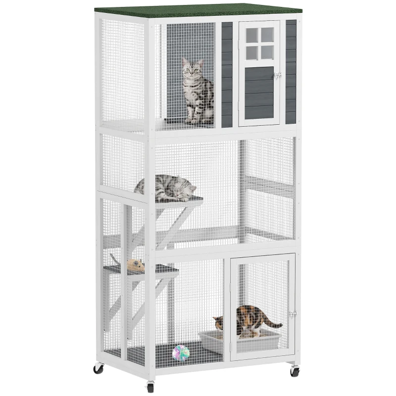 PawHut 74" Wooden Outdoor Cat House Weatherproof & Wheeled with High Weight Capacity, Kitten Cage Condo, White