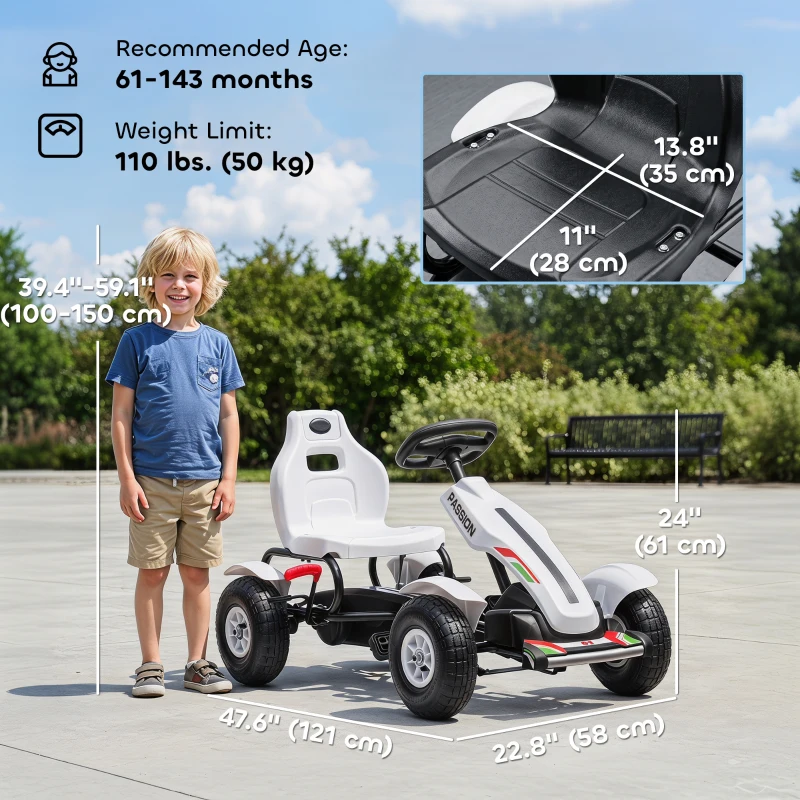 Aosom Pedal Go Kart for Kids, Pedal Car with Adjustable Bucket, Handbrake, 4 Rubber Wheels Powered Ride, White